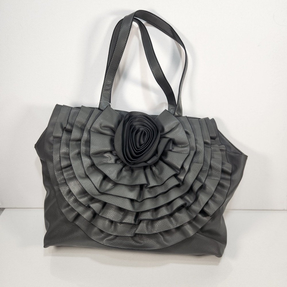 BlackRivet Womans Handbag Center Swirl Rose Large Gray Floral